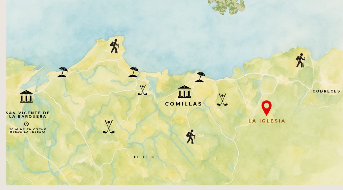 Mapa de la costa occidental de Cantabria con La Iglesia (Ruiloba), Comillas, El Tejo, Cóbreces y San Vicente de la Barquera